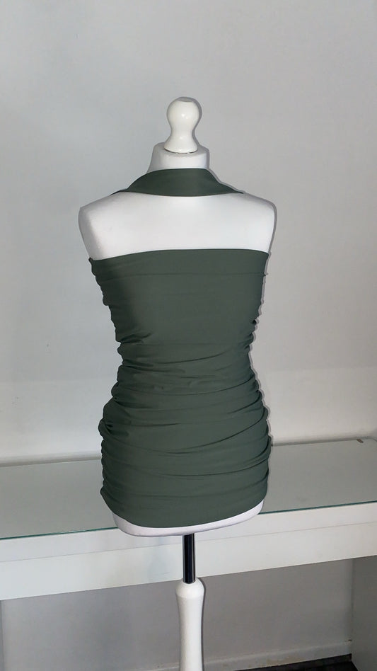 Khaki Ruched Choker Look Mini Dress