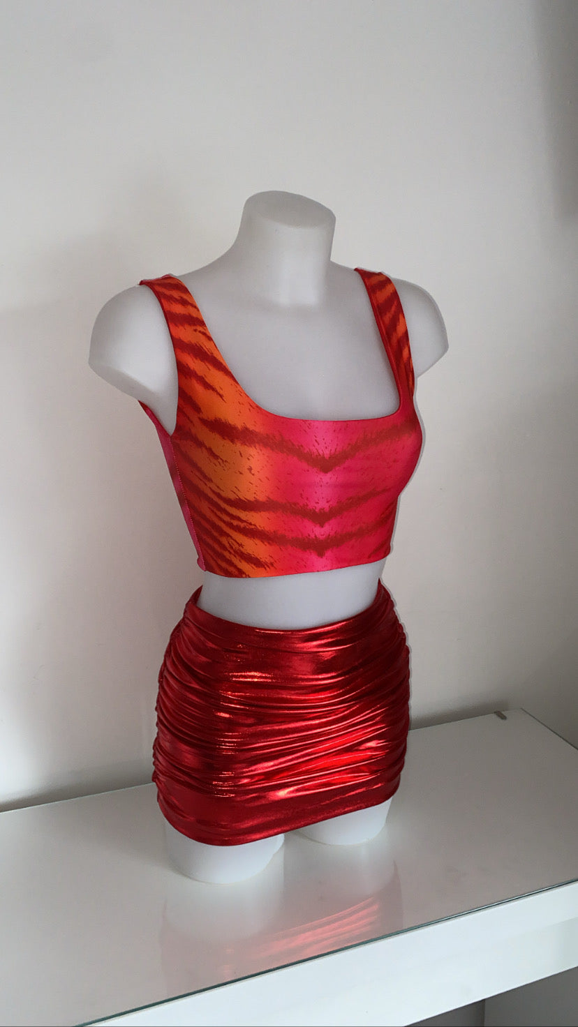 Square Neck Bengal Top and Red Liquid Skirt