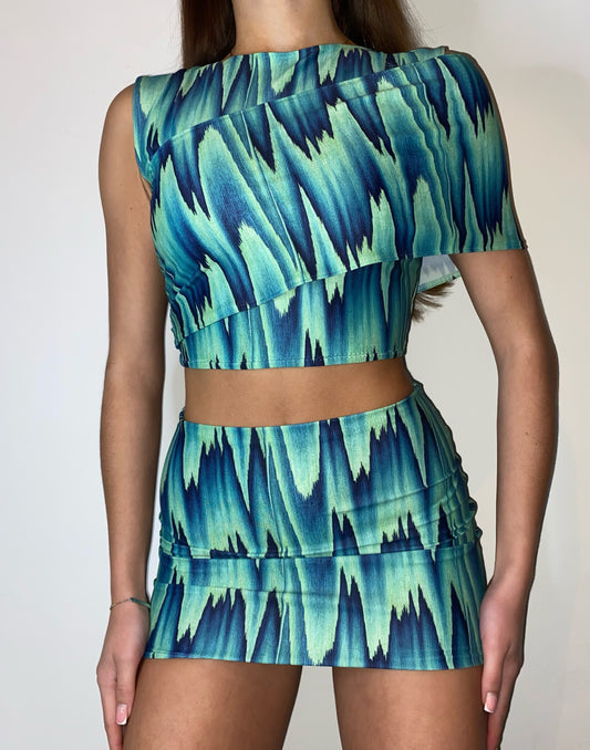 Drape Shoulder Two Piece - Green Zig Print