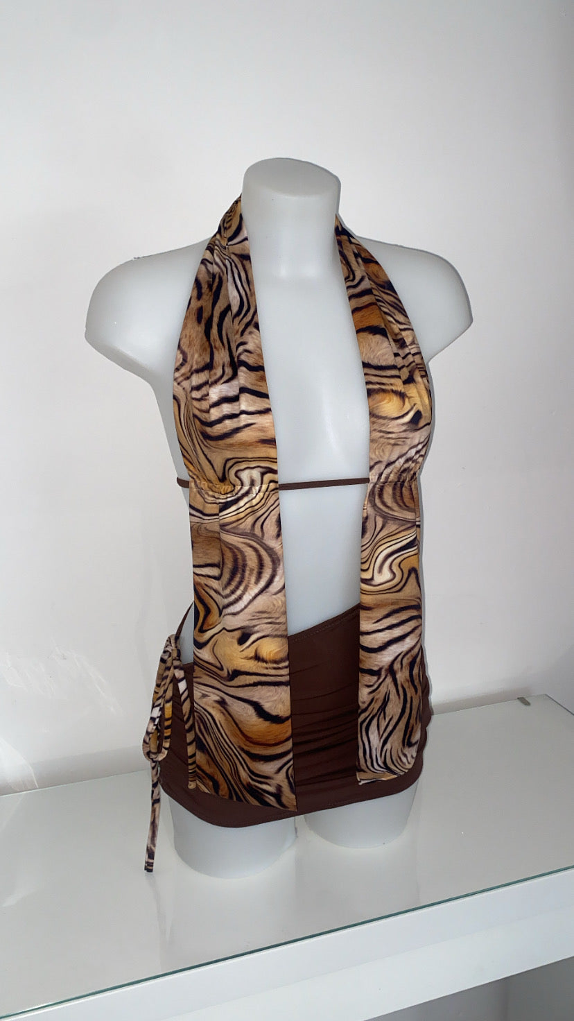 Backless Straight Top with Ruched Skirt - Brown Swirl Tiger