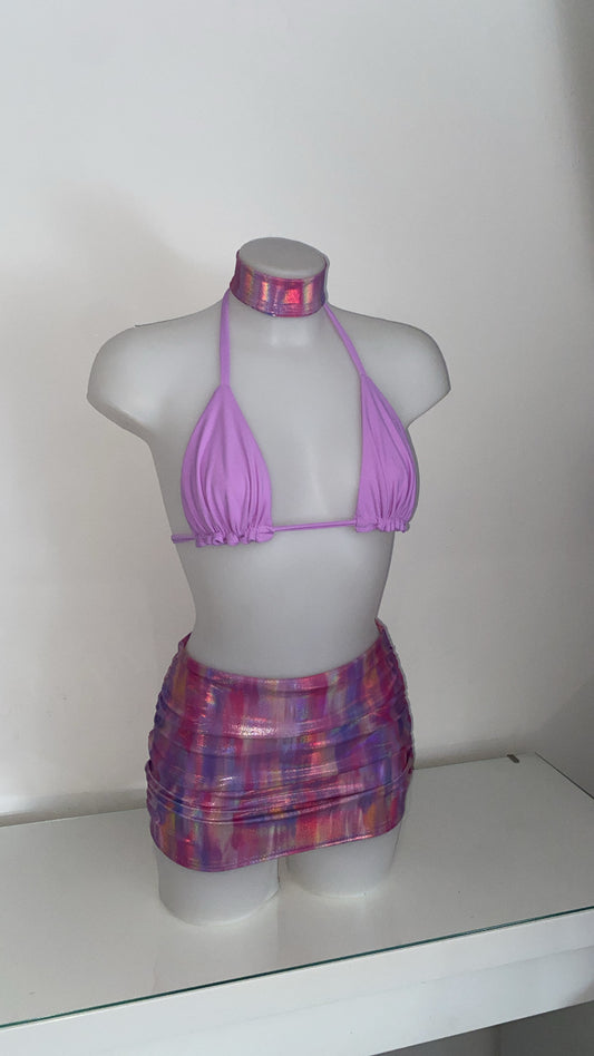 Gathered Mini Skirt, Bikini Top and Choker