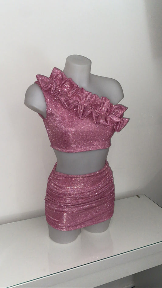 One Shoulder Ruffle Top and Gathered Skirt - Pink Shimmer Nylon