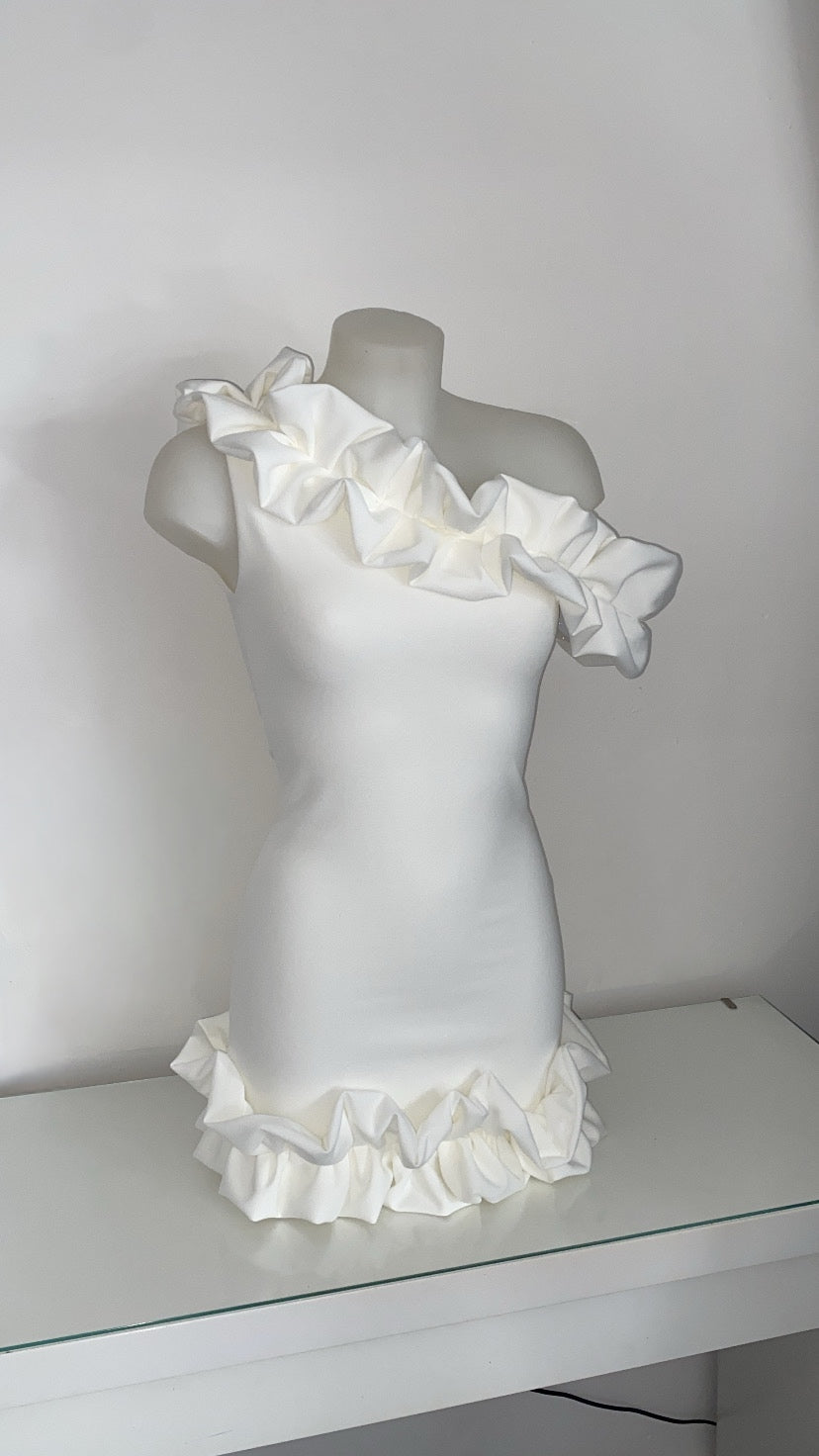 One Shoulder Ruffle Dress - Ivory