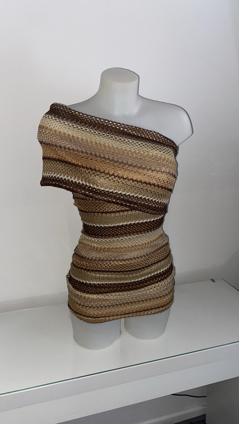 Brown Mambo Knit Mini Dress with Drape Shoulder