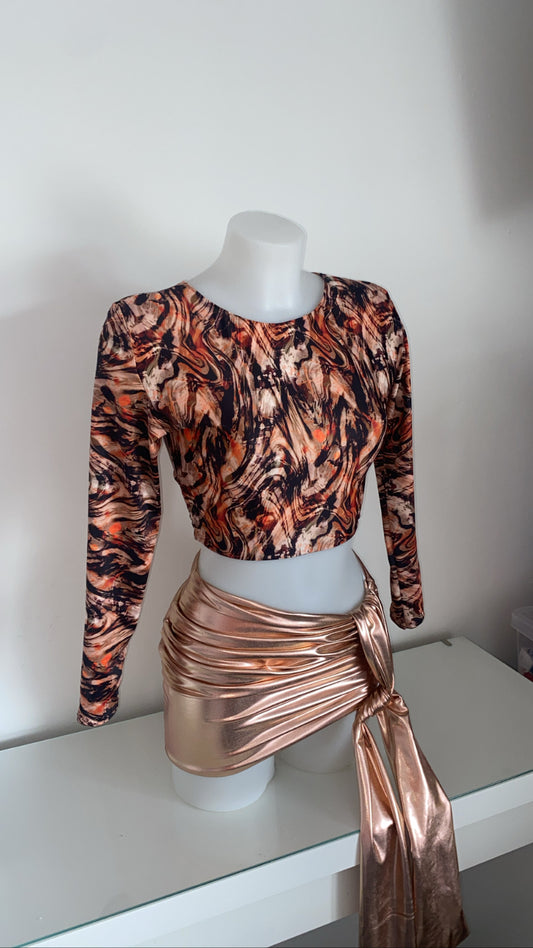 Long Sleeve Top with Rose Gold Liquid Skirt and Drape