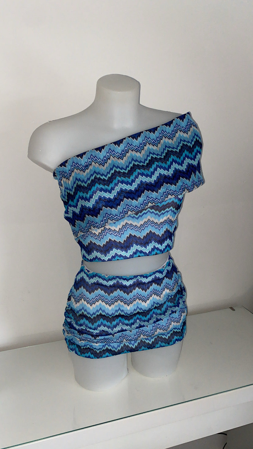 Blue Zig Knit Drape Shoulder Co-ord