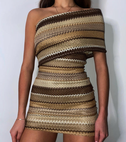 Brown Mambo Knit Mini Dress with Drape Shoulder